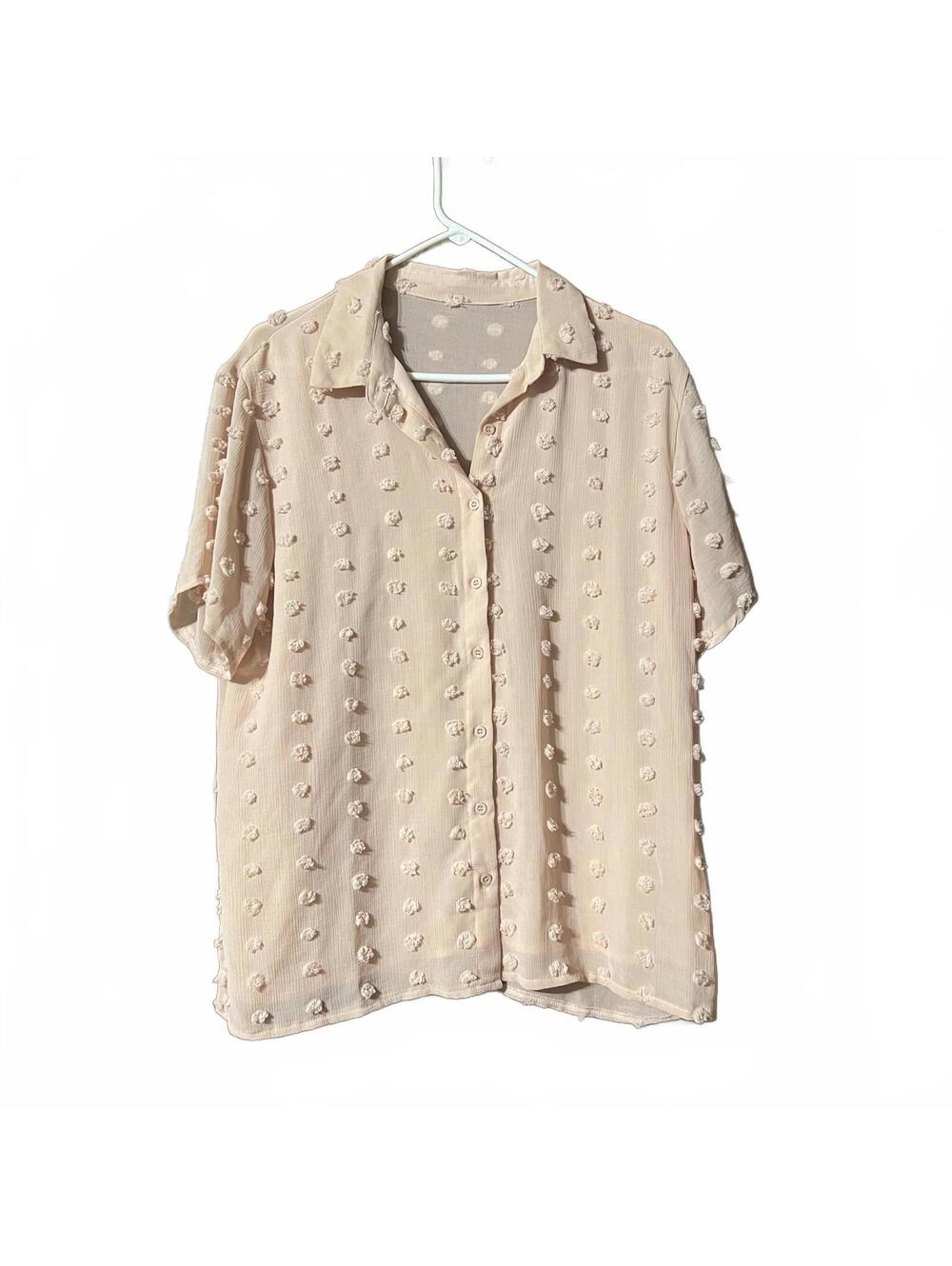 Light Beige Sheer Button-Up Blouse W/Textured Dot Pattern Large